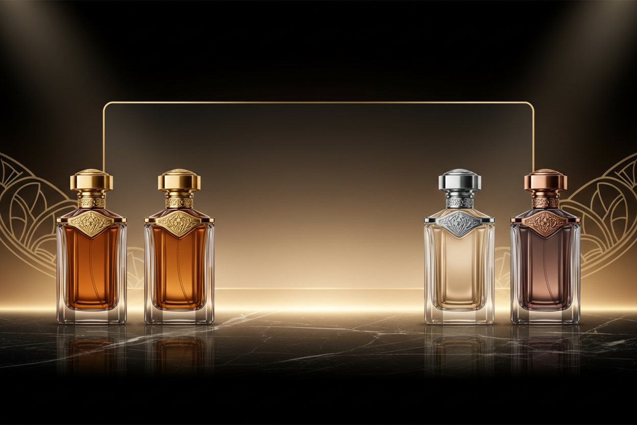make an image that is 1536 × 1024 and has an empty space of 540x250.9 in the middle it has to be around the sophisticated scents theme of the first picture logo colour pallete.

2. It should use the other 4 cologne bottles with the banneras well 